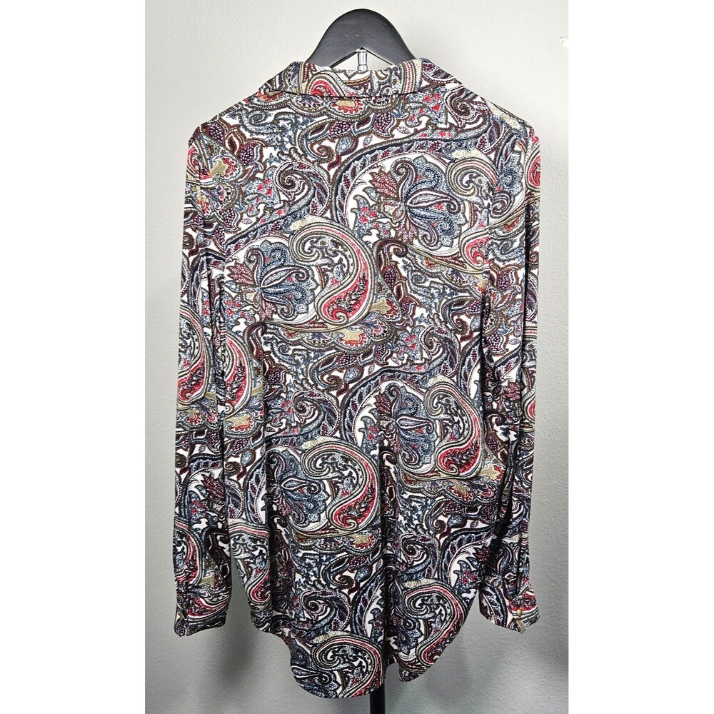 BCBGMAXAZRIA XL Paisley Blouse Tie Neck Top Stretch Long Sleeve Boho Career - Picture 4 of 7